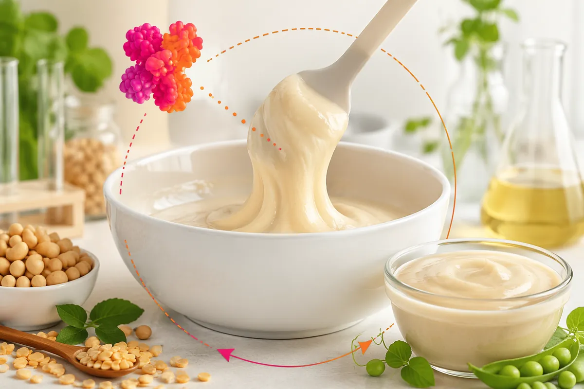 Bowl of smooth plant protein paste beside dishes of yellow split peas, soybeans and fresh pea pods